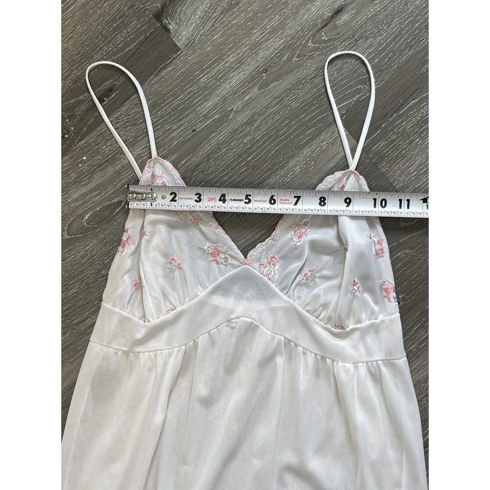Vintage White Pink Floral Embroidered Satin Slip Dress Maxi Nightgown Size L - Picture 6 of 10